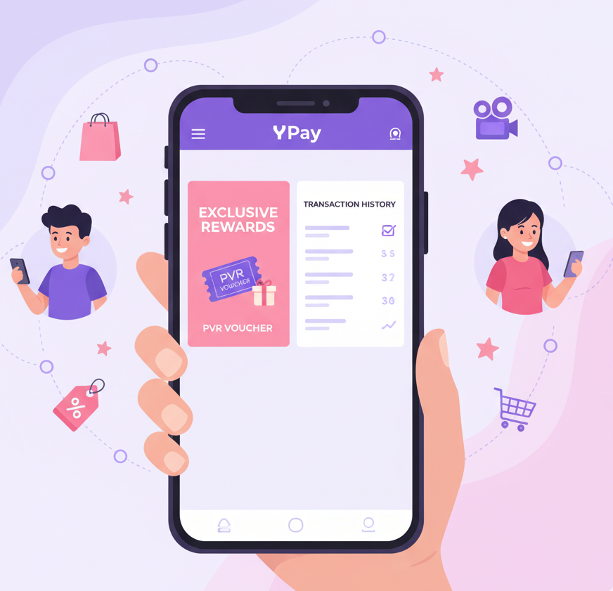 Mobile app showing YPay discounts and transaction history